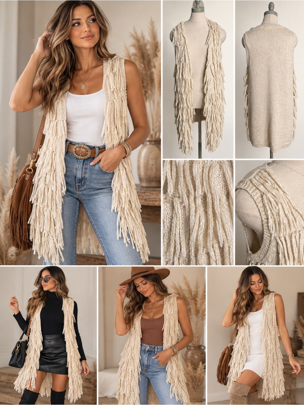 H&M Cream Fringe Open Front Longline Knit Vest Boho Festival Size Small